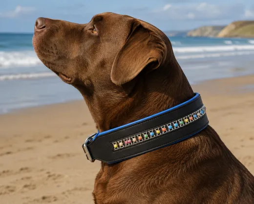 Lederhalsband Bunt Rainbow Leder Blau unterlegt M L XL BREIT ! Halsband Leder Hundehalsband