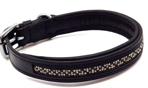 Halsband Jill Glitzer Strass Schwarz S M L XL Leder unterlegt weich Lederhalsband