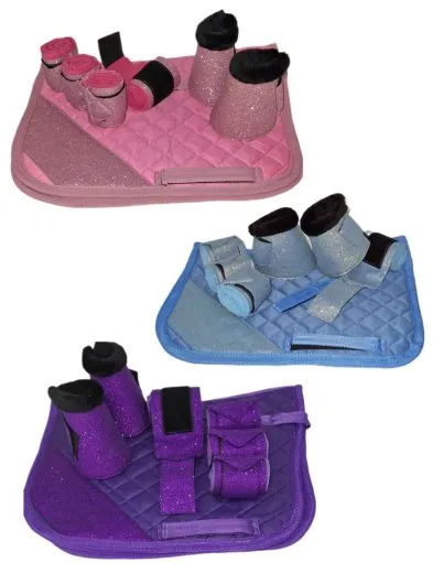 SET Sunny Schabracke Hufglocken Bandagen Glitzer Minishetty / Shetty Hellblau Rosa Lila