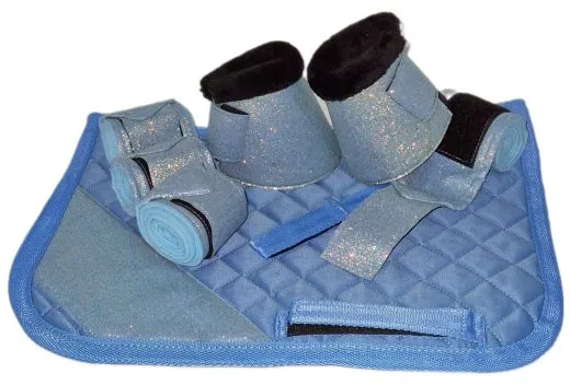 SET Sunny Schabracke Hufglocken Bandagen Glitzer Minishetty / Shetty Hellblau Rosa Lila