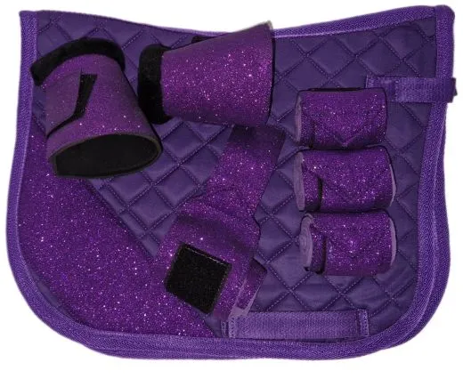 SET Sunny Schabracke Hufglocken Bandagen Glitzer Minishetty / Shetty Hellblau Rosa Lila