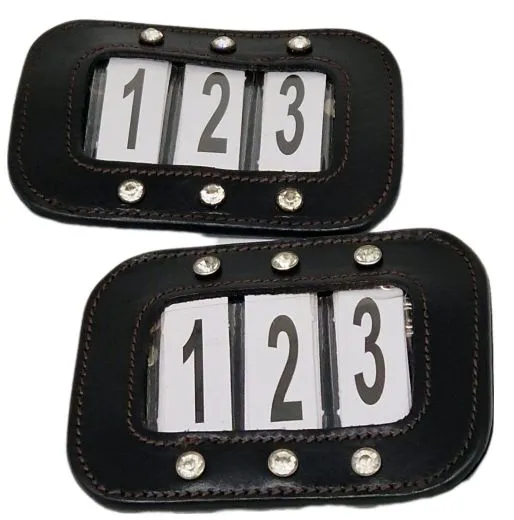 Kopfnummern Turnier Nummern Strass Glitzer Glatt + Lack Leder Braun Schwarz 1 Paar