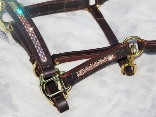 Halfter Rosl Leder Strass Braun oder Schwarz Ros�gold Minishetty Shetty Lederhalfter Glitzer