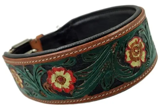 Halsband Embross Braun gestanzt + bemalen Gr�n Blumen WEICH unterlegt M L XL Breit Hohe Zugkraft