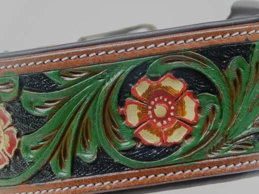 Halsband Embross Braun gestanzt + bemalen Gr�n Blumen WEICH unterlegt M L XL Breit Hohe Zugkraft