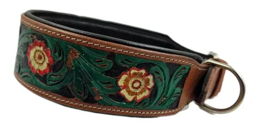 Halsband Embross Braun gestanzt + bemalen Gr�n Blumen WEICH unterlegt M L XL Breit Hohe Zugkraft