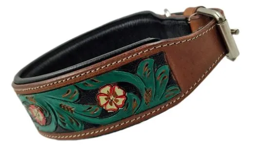 Halsband Embross Braun gestanzt + bemalen Gr�n Blumen WEICH unterlegt M L XL Breit Hohe Zugkraft