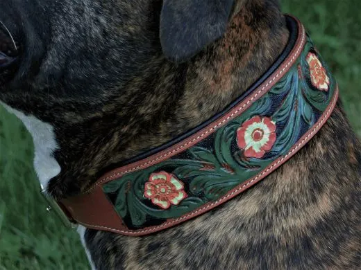 Halsband Embross Braun gestanzt + bemalen Gr�n Blumen WEICH unterlegt M L XL Breit Hohe Zugkraft