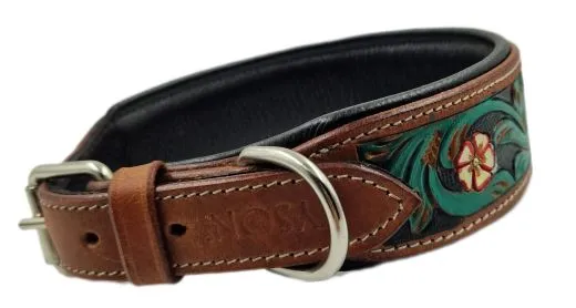 Halsband Embross Braun gestanzt + bemalen Gr�n Blumen WEICH unterlegt M L XL Breit Hohe Zugkraft