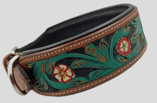 Halsband Embross Braun gestanzt + bemalen Gr�n Blumen WEICH unterlegt M L XL Breit Hohe Zugkraft