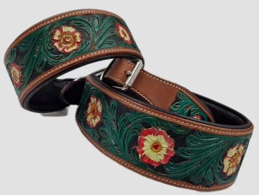 Halsband Embross Braun gestanzt + bemalen Gr�n Blumen WEICH unterlegt M L XL Breit Hohe Zugkraft