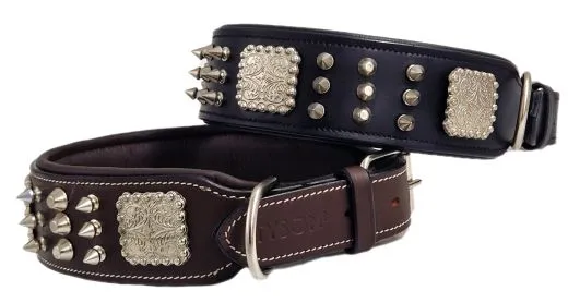 Halsband Leder Rocky Braun Schwarz Nieten WEICH unterlegt M L XL Breit Beiss Schutz Nietenhalsband