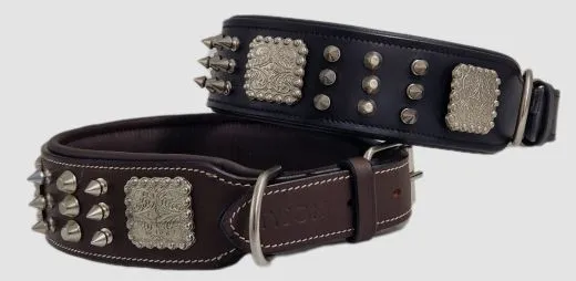 Halsband Leder Rocky Braun Schwarz Nieten WEICH unterlegt M L XL Breit Beiss Schutz Nietenhalsband