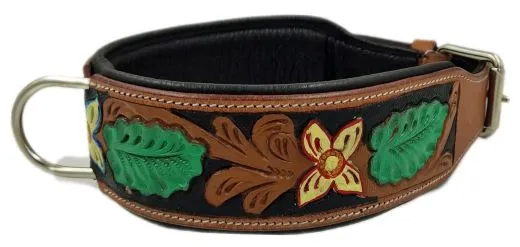 Halsband BOUQUET Braun gestanzt / bemalen Blumen WEICH unterlegt M L XL Breit Hohe Zugkraft BREIT