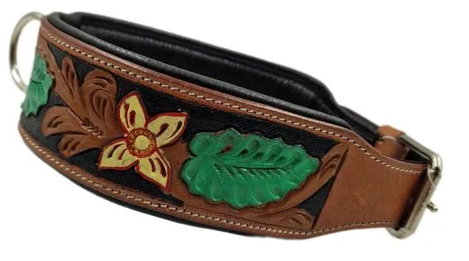 Halsband BOUQUET Braun gestanzt / bemalen Blumen WEICH unterlegt M L XL Breit Hohe Zugkraft BREIT