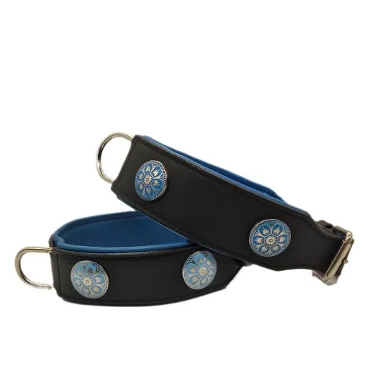 Halsband LUI Leder Schwarz Blau/ T�rkis weich unterlegt M L Breit Lederhalsband Breit Chonchos