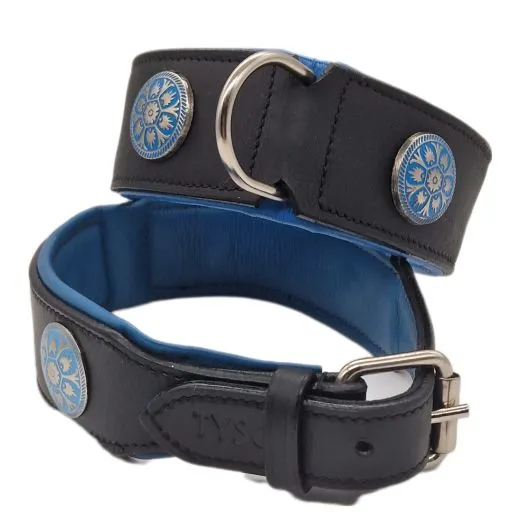 Halsband LUI Leder Schwarz Blau/ T�rkis weich unterlegt M L Breit Lederhalsband Breit Chonchos