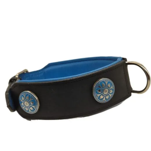 Halsband LUI Leder Schwarz Blau/ T�rkis weich unterlegt M L Breit Lederhalsband Breit Chonchos