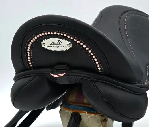 Ledersattel Anna Rosgold Glitzer 14 / 15 Zoll Kopfeisen verstellbar Monosattel Sattel Shetty Welsh Sattel aufges. Kniepauschen