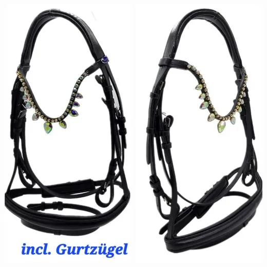 Trense Victoria Diadem Glitzer Leder Schwarz incl. Z�gel NUR Gr. VB Ledertrense Zaum Lederzaum
