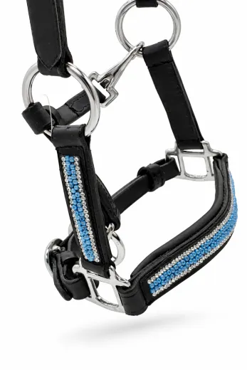 Lederhalfter KELLY Schwarz Braun Perlen Strass Hellblau / T�rkis Minishetty Shetty Halfter Leder