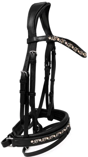 Trense DIONI ergonomisch Genick Steg Patches Leder Schwarz VB WB X Full Rose/ Champagner Beige Noriker