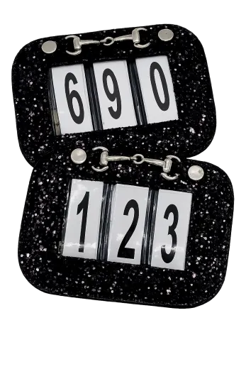 Kopfnummer Black Sparkle Schwarz Glitzer Gebiss im Set m�glich + Clip Turnier Set mgl. Turnier Nummern Set = 2 St�ck