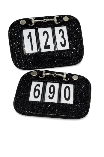 Kopfnummer Black Sparkle Schwarz Glitzer Gebiss im Set m�glich + Clip Turnier Set mgl. Turnier Nummern Set = 2 St�ck