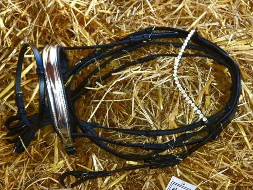 Trense SILVER Perlmutt Stirnband Silber Farben Nasenriemen metallisch + Z�gel VB WB X Full