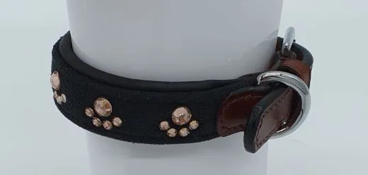 Halsband kleine Hunde Pfote Sabrowski Strass Bi Color Schwarz Braun Leder 25-30 cm 2,5 cm Breit Glitzerhalsband