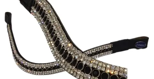 Stirnband Schwarz WEi� Glitzer VB WB Leder Stirnriemen Stirnband geschwungen Strass 39,5 42 cm