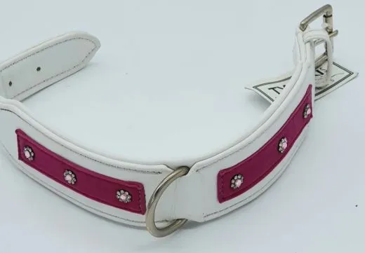 Halsband Leder Weiss Pink Rosa 40-44 cm Breit 5 cm Einzelst�ck �se Mittig