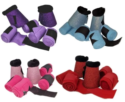 SET Hufglocken + Bandagen Lila Hellblau Rosa ROT Glitzer Minishetty Mini Shetty Falabella Sunny