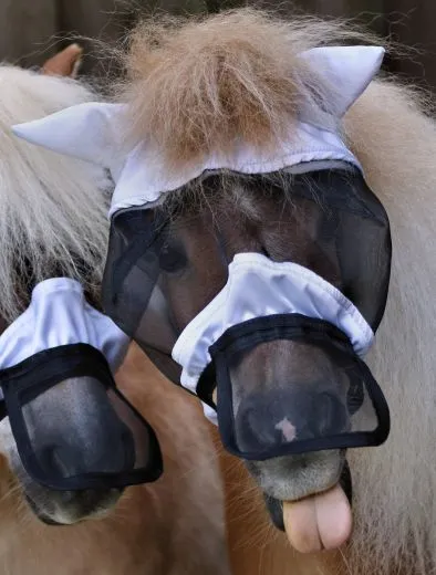 Fliegenhaube + + Lissy MIT Ohr MIT Nasenschutz Gr. SHETTY Grau Schwarz Fliegen Haube Fliegenmaske