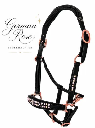 Lederhalfter German Rose Schwarz Rosegold VB WB X Full Ros� Leder Halfter Glitzerhalfter Pastell