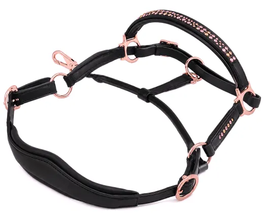 Lederhalfter German Rose Schwarz Rosegold VB WB X Full Ros� Leder Halfter Glitzerhalfter Pastell