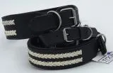 Ruffle Lederhalsband Leder Schwarz Breit Hohe Zugkraft doppelte Zierkordel Wei / Creme LEDER Breit sehr stabil M L XL