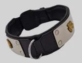 Lederhalsband THOR Breit Metallplatte Schwarz Leder X L XL Hundekopf Bulli Leder Halsband