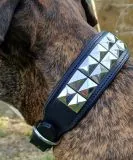 Lederhalsband TITAN Breit Pyramiden Nieten Leder X L XL Leder Halsband Nietenhalsband Schwarz Silberfarben Hohe Zugkraft