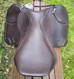Leder Sattel JUMP DOUP Springsattel Springen + Kopfeisen Kindersattel Jugendsattel Ponysattel Braun 14 /15 Zoll doubliertes Leder
