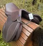 Leder Sattel JUMP DOUP Springsattel Springen + Kopfeisen Kindersattel Jugendsattel Ponysattel Braun 14 /15 Zoll doubliertes Leder