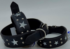 Lederhalsband Daysi Schwarz Sterne Leder - unterlegt Halsband LEDER Breit sehr stabil M L XL Hohe Zugkraft
