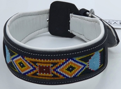 Lederhalsband SIOUX Schwarz Perlen Deko Indianer  Weiß Unterlegt Halsband LEDER Breit sehr stabil M L XL Hohe Zugkraft