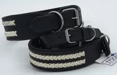 Ruffle Lederhalsband Leder Schwarz Breit Hohe Zugkraft doppelte Zierkordel Wei / Creme LEDER Breit sehr stabil M L XL