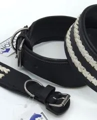 Ruffle Lederhalsband Leder Schwarz Breit Hohe Zugkraft doppelte Zierkordel Wei / Creme LEDER Breit sehr stabil M L XL