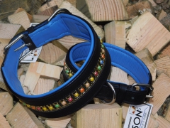 Lederhalsband Bunt Rainbow Leder Blau unterlegt M L XL BREIT ! Halsband Leder Hundehalsband