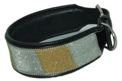 SUN Glitzer Lederhalsband Silber - Goldfaben Leder fest genht S M L Glitzerhalsband Breit Sonnenhalsband :-)