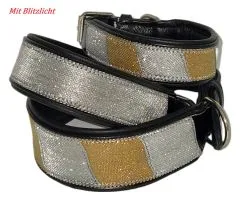 SUN Glitzer Lederhalsband Silber - Goldfaben Leder fest genht S M L Glitzerhalsband Breit Sonnenhalsband :-)